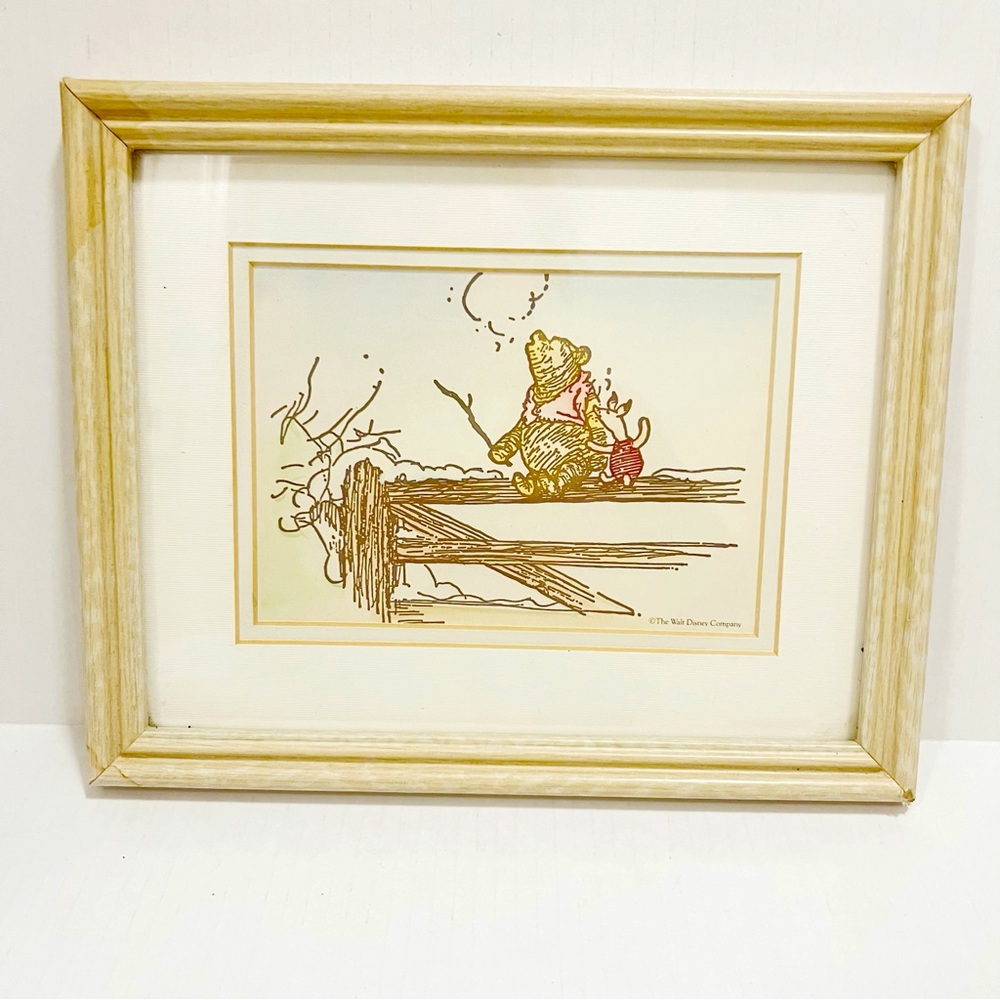 Winnie-the-Pooh & Piglet Sitting On Fence Outdoors Print Matted Framed 11X9